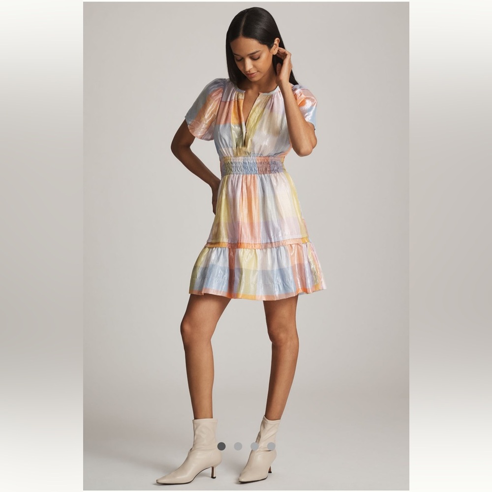 Anthropologie Pastel Stripe Tiered Mini Dress in Blue, Pink, Yellow